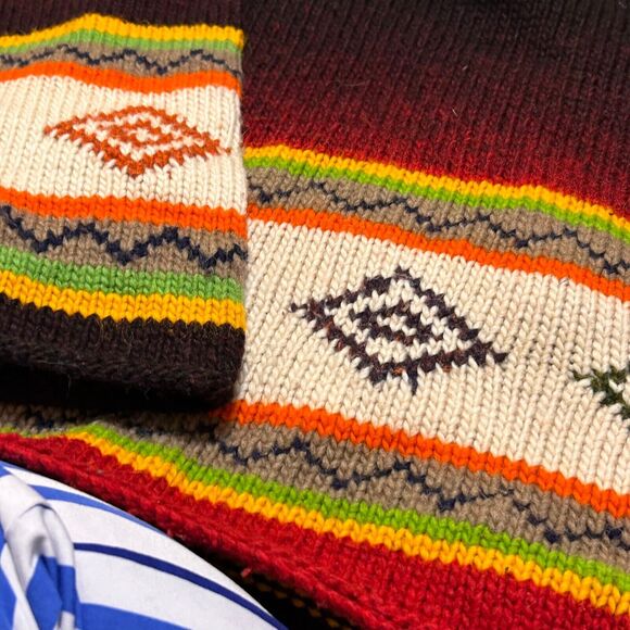 Vintage Hand Knit Sweater Jacket Womens M/L Multicolor Hooded Zip Up Ikat Nordic - Picture 10 of 12